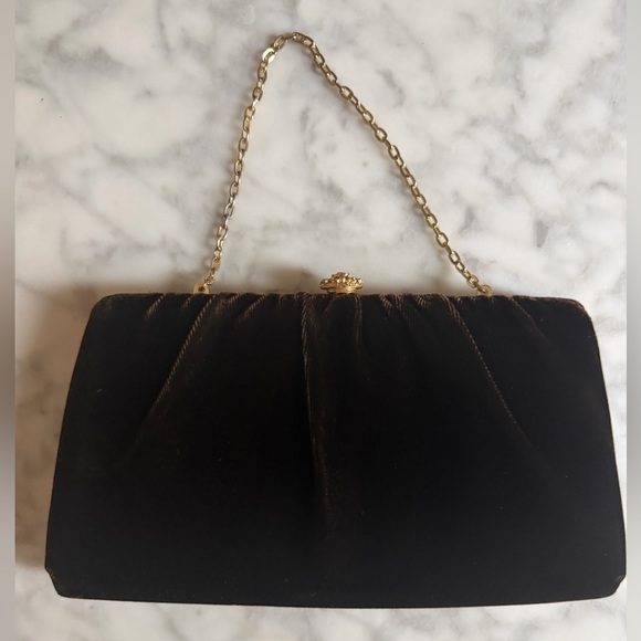 Vintage Handbags - Elegant Vintage Chocolate Brown Velvet Evening Clutch with Gold Chain Dainty